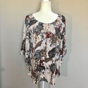 Naif Womens Medium Beige Floral Blouse Top Boho Wide Arm Paisley Floral Print
